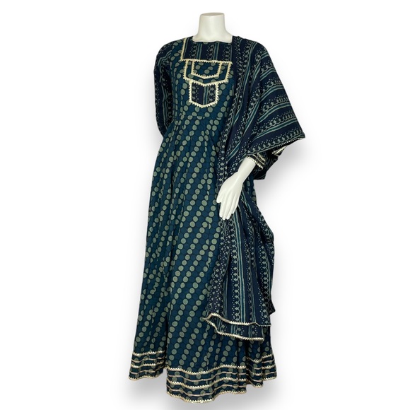 Idaho Clothing Indian Dress Maxi Scarf Set Dots Stripe Medium Cut Out Green Gold - Picture 1 of 14
